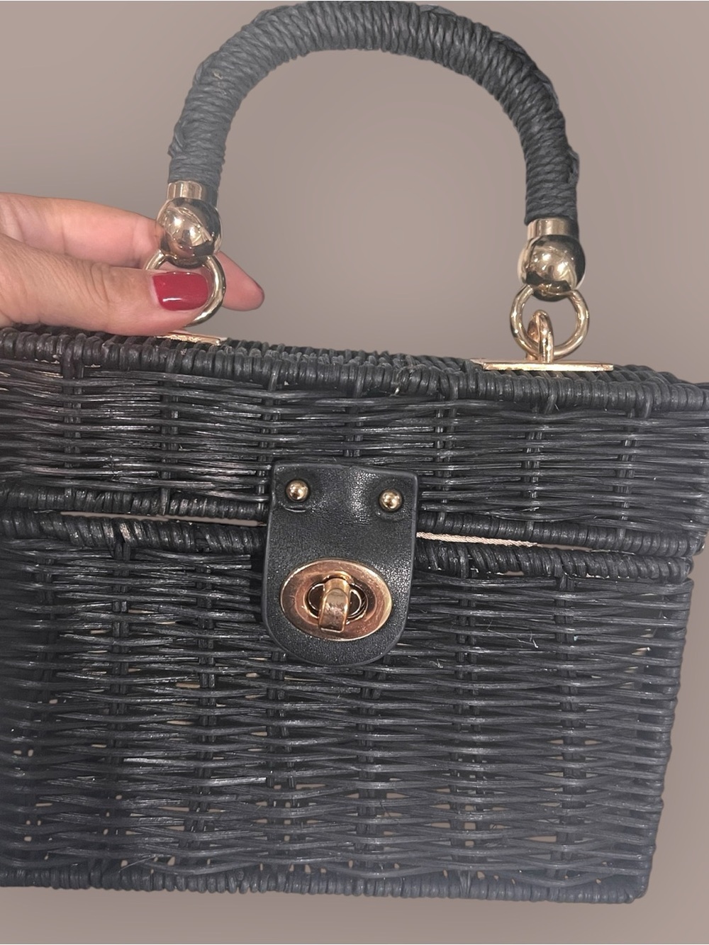 Woven Top-Handle Tote Bag in Black with Gold Hardware - Picture 2 of 5